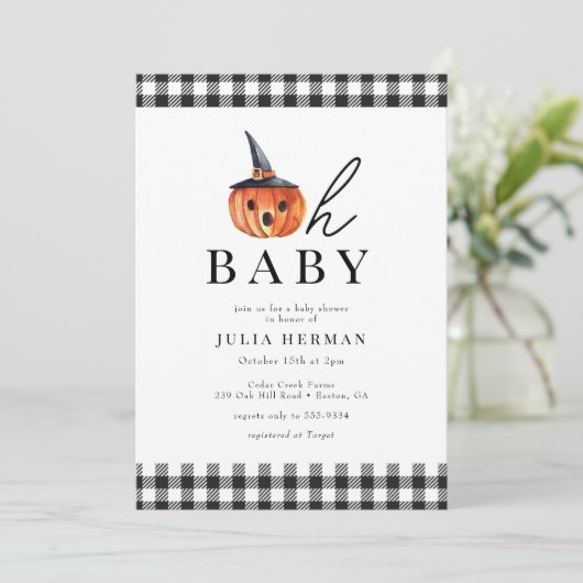 Halloween Oh Baby Black Kariert Baby Dusche Einladung (Stehend Vorderseite)