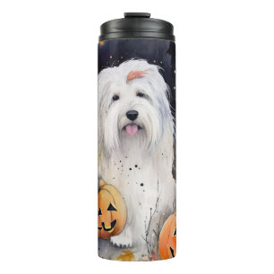 Halloween Old English Sheepdog mit Kürbissen Gruse Thermosbecher