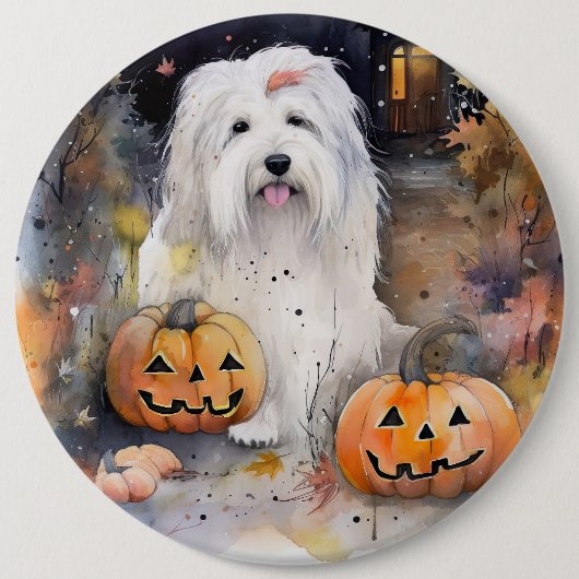 Halloween Old English Sheepdog mit Pumpkins Beängs Button (Vorderseite)