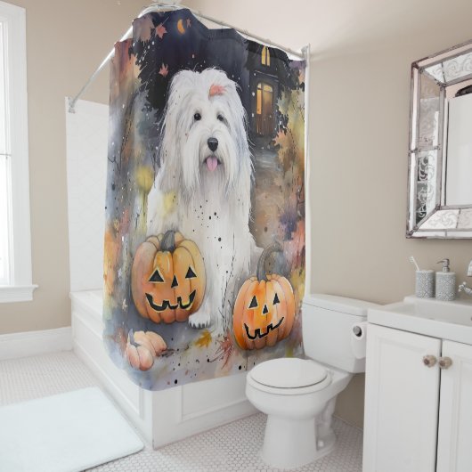 Halloween Old English Sheepdog mit Pumpkins Beängs Duschvorhang (Beispiel)