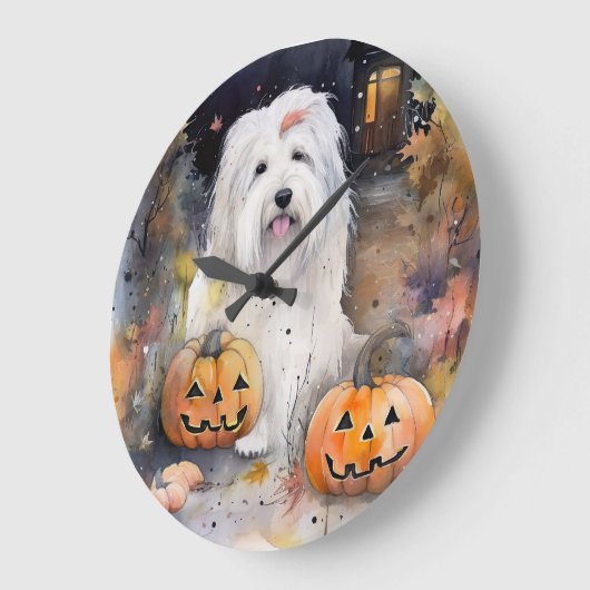 Halloween Old English Sheepdog mit Pumpkins Beängs Große Wanduhr (Winkel)