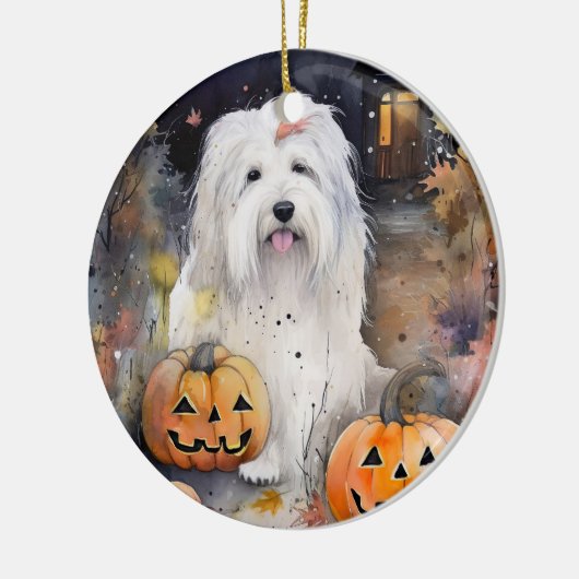 Halloween Old English Sheepdog mit Pumpkins Beängs Keramik Ornament (Links)