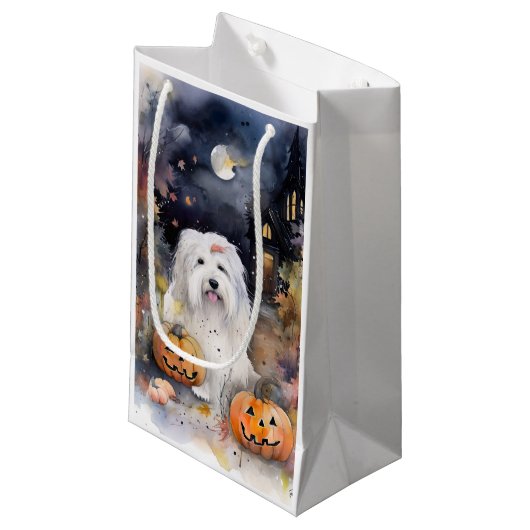 Halloween Old English Sheepdog mit Pumpkins Beängs Kleine Geschenktüte (Vorderseite Schrägansicht)