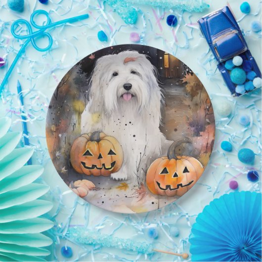 Halloween Old English Sheepdog mit Pumpkins Beängs Pappteller (Party)