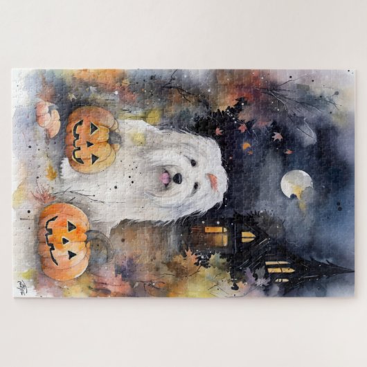 Halloween Old English Sheepdog mit Pumpkins Beängs Puzzle (Horizontal)