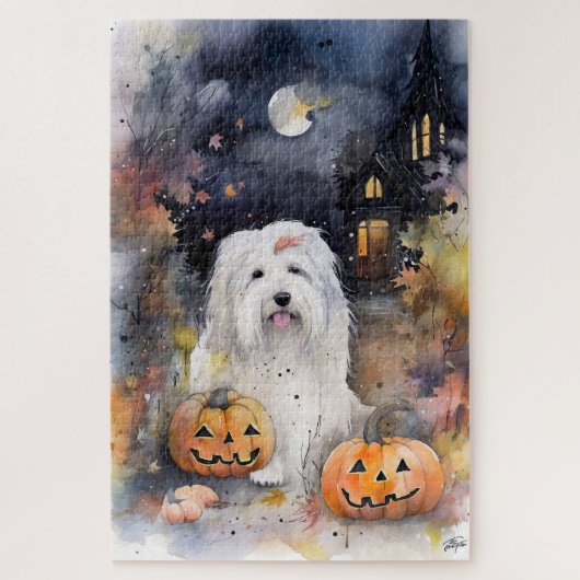 Halloween Old English Sheepdog mit Pumpkins Beängs Puzzle (Vertikal)