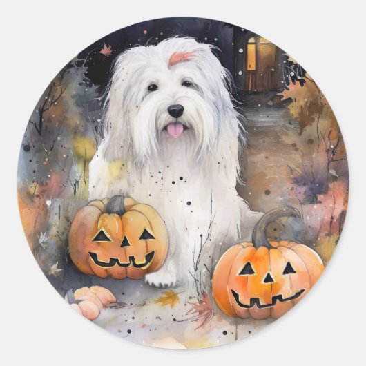 Halloween Old English Sheepdog mit Pumpkins Beängs Runder Aufkleber (Vorderseite)