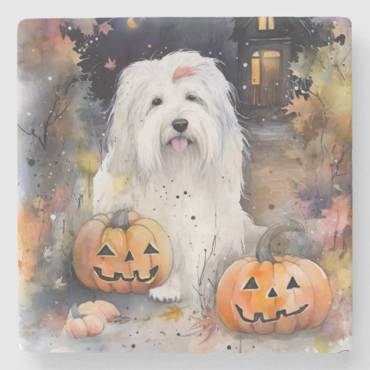 Halloween Old English Sheepdog mit Pumpkins Beängs Steinuntersetzer (Vorderseite)