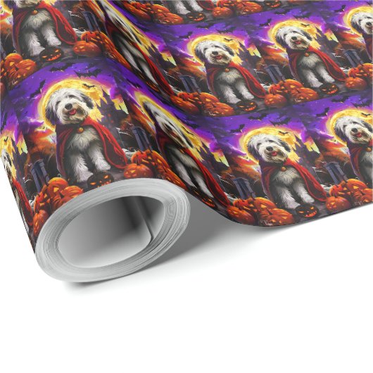 Halloween Old English Sheepdog Vampire Pumpkins Geschenkpapier (Rolleneckpunkt)
