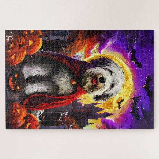 Halloween Old English Sheepdog Vampire Pumpkins Puzzle (Horizontal)