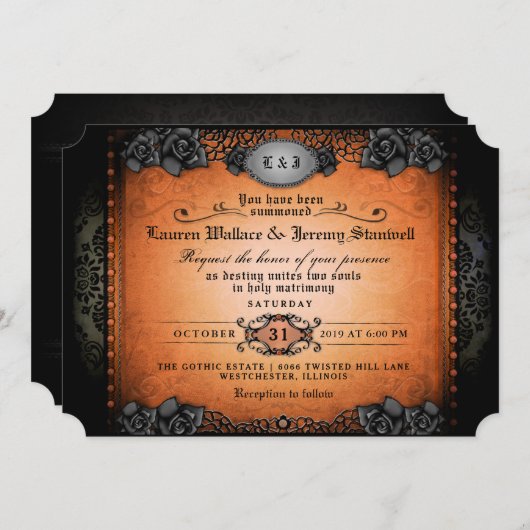 Halloween Orange Black Gothic Wedding REZEPTION Einladung (Vorne/Hinten)