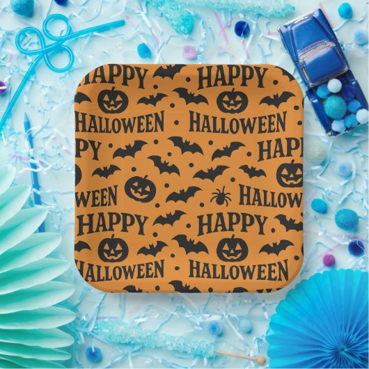 Halloween Orange & Black Jack-O-Lanterns Bats Pappteller (Party)