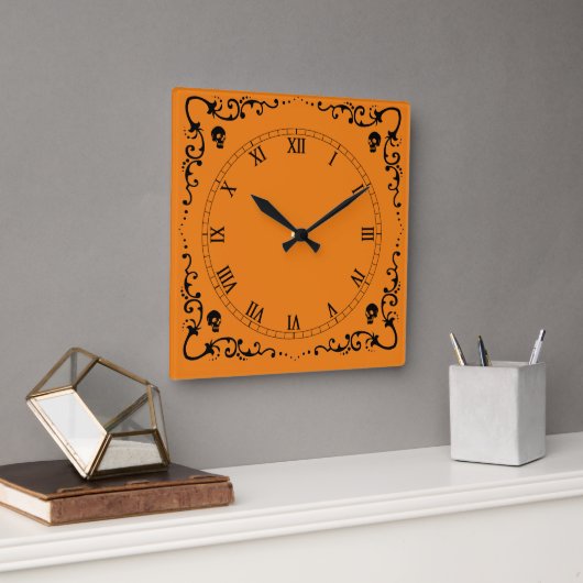 Halloween Orange & Black Magic Border Quadratische Wanduhr (Büro)