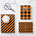 Halloween Orange Black Modern Pattern Benutzerdefi Geschenkpapier Set<br><div class="desc">Stilvoll, trendig, individuell, personalisiert, halloween orange und schwarz Streifen geometrische Dreiecke und Schachbrett karierte Karos, modernes Muster, elegante Imitate Gold-Script, Premium-Qualität, Geschenkverpackung Papier Blatt Set. Jedes Blatt ist anpassbar. Geben Sie einfach Happy Halloween / Ihre Grüße / Wünsche / Notiz, und Ihren Namen / Pärchennamen / Familienname / Firmenname /...</div>