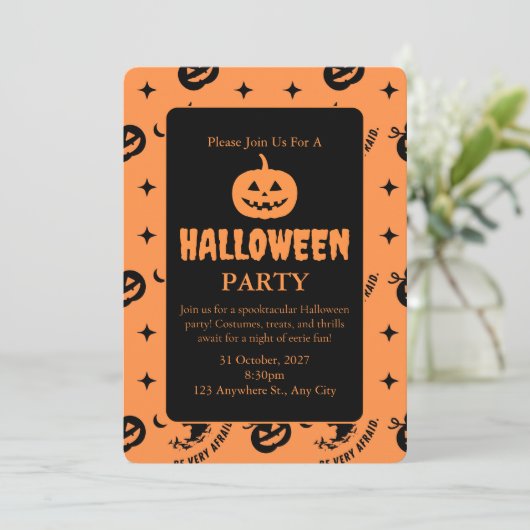 Halloween Orange Black Spooky Pumpkin Hexe Einladung (Stehend Vorderseite)