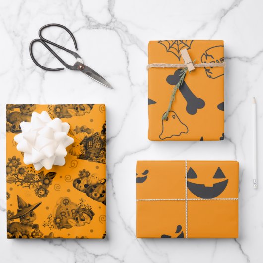 Halloween Orange Gemustert Geschenkpapier Set (Vorderseite)
