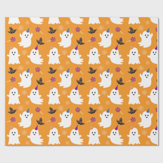 Halloween Orange Kawaii Ghost Wrapping Paper Geschenkpapier (Flach)