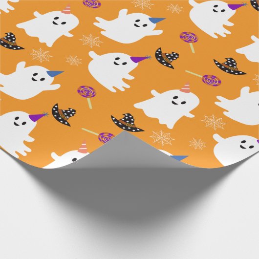 Halloween Orange Kawaii Ghost Wrapping Paper Geschenkpapier (Ecke)