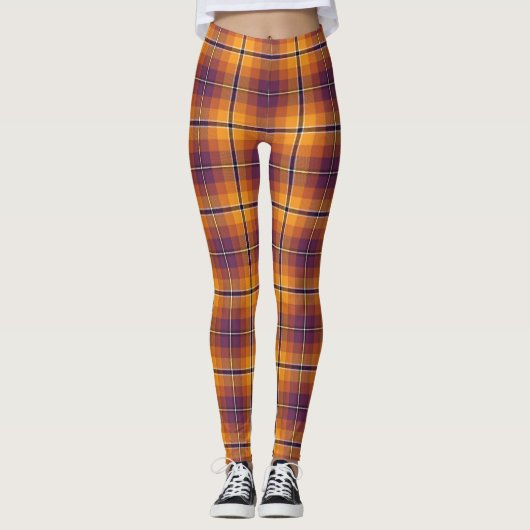 Halloween Orange & Lila Kariertes Muster Leggings (Vorderseite)