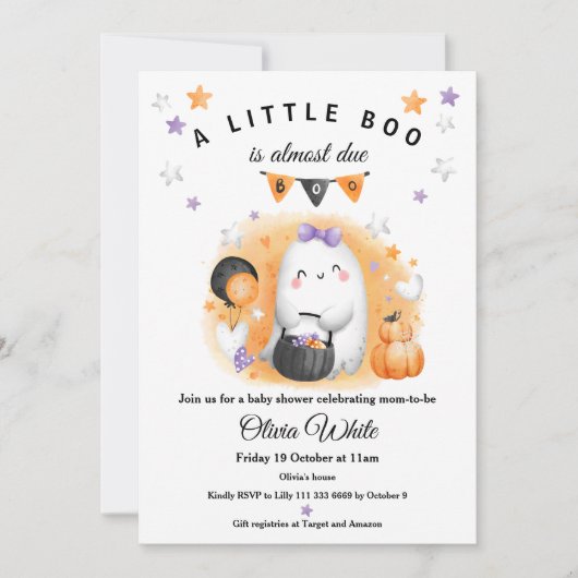 Halloween Orange Little Boo Ghost Girl Babydusche Einladung (Vorderseite)