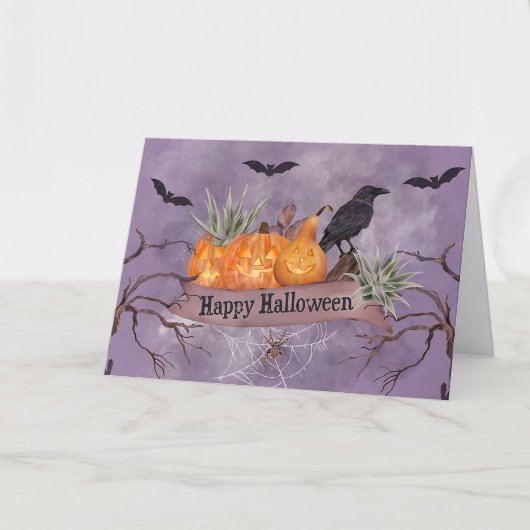 Halloween Orange Pumpkin Crow Spider Bats Karte