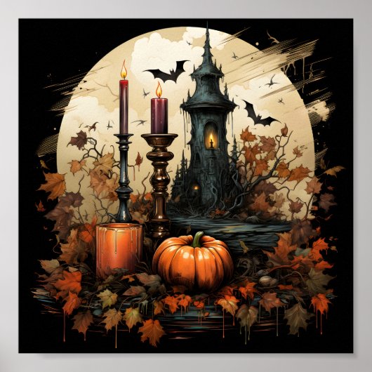Halloween Orange Pumpkin, Fledermäuse, Kerze und B Poster (Vorne)