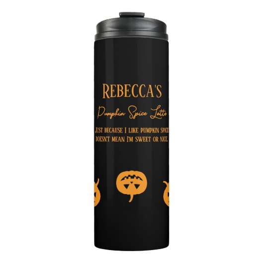 Halloween Orange Pumpkin Gewürz Sweet oder Nice Thermosbecher (Vorderseite)