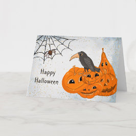 Halloween Orange Pumpkins Crow Spider Web Karte