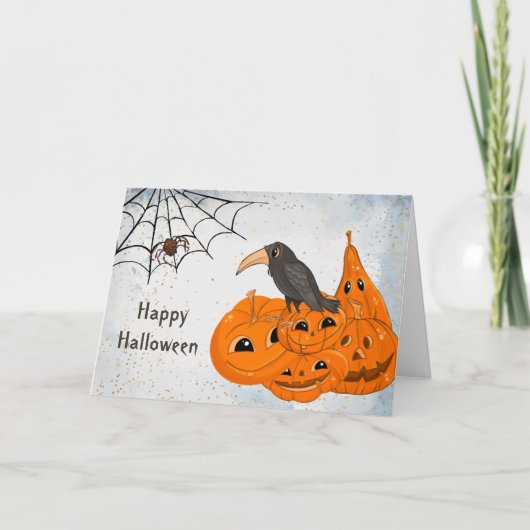 Halloween Orange Pumpkins Crow Spider Web Karte (Vorderseite)