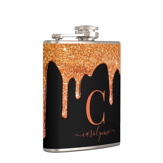 Halloween Orange Sparkle Glitzer Tropfens Monogram Flachmann (Rechts)