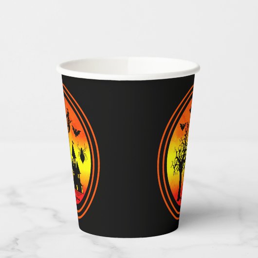 Halloween Orange Sunset Hexenhaus Spuk Pappbecher (Links)