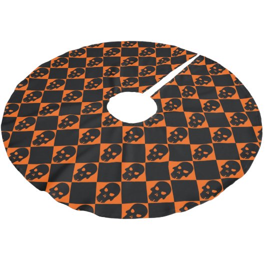 Halloween Orange und Black Harlequin Skull Polyester Weihnachtsbaumdecke (Schrägansicht)