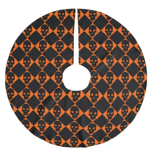 Halloween Orange und Black Harlequin Skull Polyester Weihnachtsbaumdecke (Vorderseite)