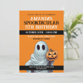 Halloween Orange und White Pumpkin Ghost Geburtsta Einladung (Stehend Vorderseite)