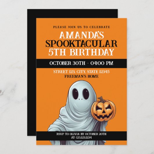 Halloween Orange und White Pumpkin Ghost Geburtsta Einladung (Vorne/Hinten)