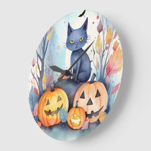 Halloween Oriental Blaue Katze mit Kürbissen Gruse Große Wanduhr