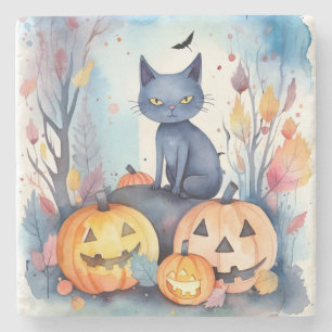 Halloween Orientalisch Blaue Katze Mit Kürbissen G Steinuntersetzer