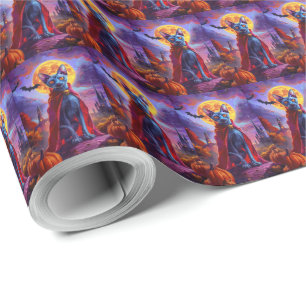 Halloween Orientalisch Blaue Katze Vampir Kürbisse Geschenkpapier