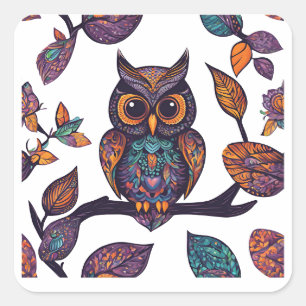 Halloween Owl Alebrije und Blätter Quadratischer Aufkleber