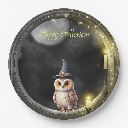Halloween Owl im Rundturmfenster Pappteller (Vorderseite)