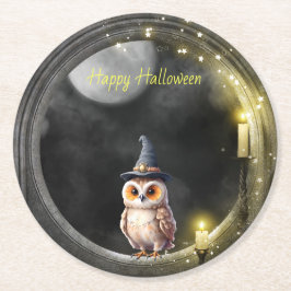Halloween Owl im Rundturmfenster Runder Pappuntersetzer