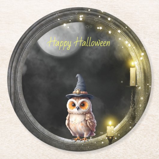 Halloween Owl im Rundturmfenster Runder Pappuntersetzer (Vorderseite)