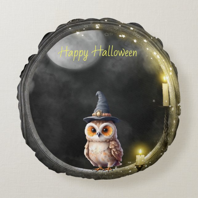 Halloween Owl im Rundturmfenster Rundes Kissen (Vorderseite)