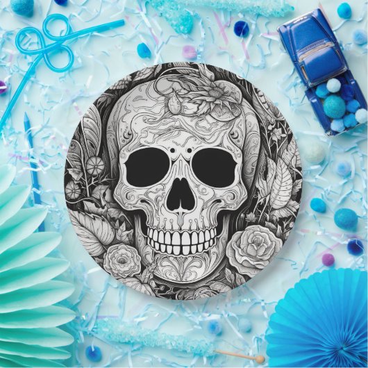 Halloween-Papierplatte aus schwarz-weißem Schädel Pappteller (Party)