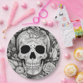 Halloween-Papierplatte aus schwarz-weißem Schädel Pappteller (Party)