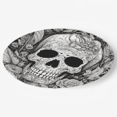 Halloween-Papierplatte aus schwarz-weißem Schädel Pappteller (Schrägansicht)
