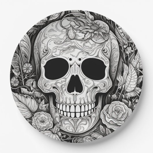 Halloween-Papierplatte aus schwarz-weißem Schädel Pappteller (Vorderseite)