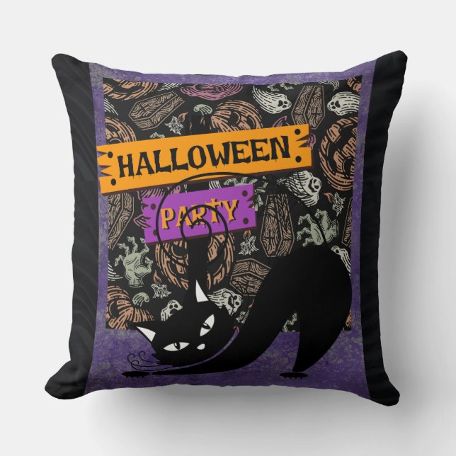 Halloween Party and Black Cat , Throw Pillow Kissen (Vorderseite)