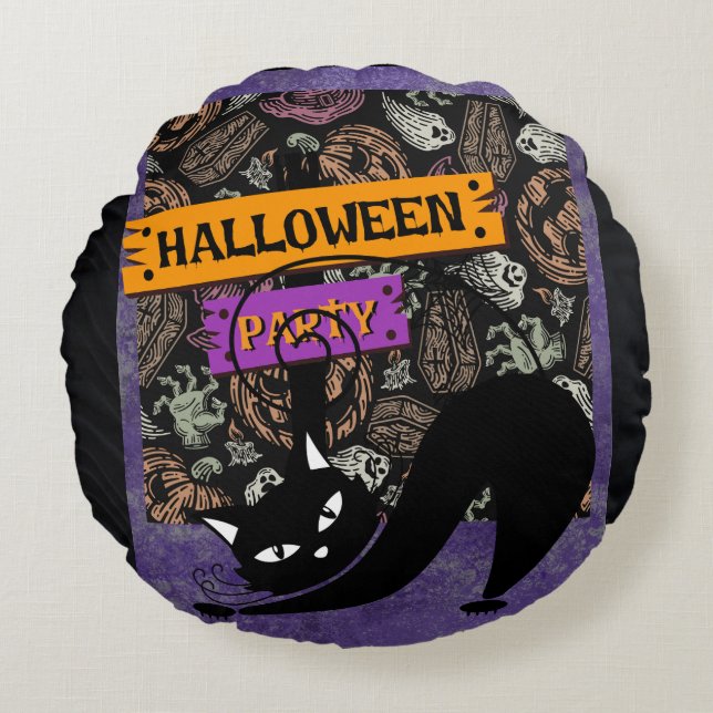 Halloween Party and Black Cat , Throw Pillow Rundes Kissen (Vorderseite)