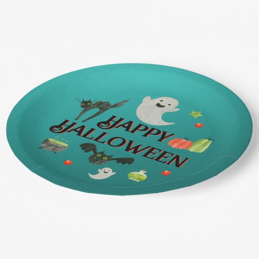 Halloween-Party Aquamarin und grün Pappteller (Schrägansicht)